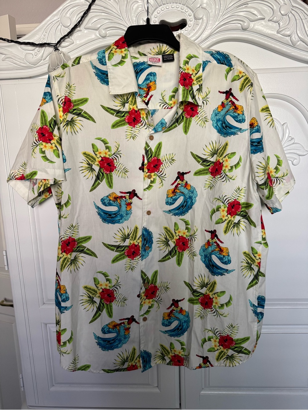 Marvel Short-Sleeve Camp Shirt — White with Blue, Red & Green Tropical Print